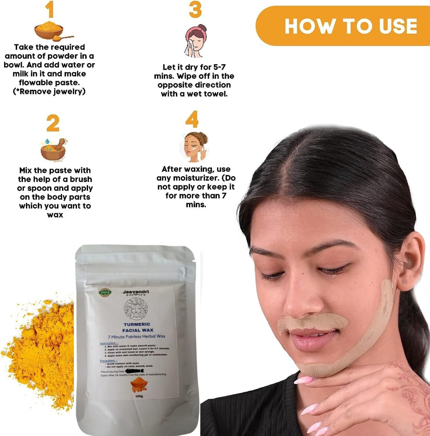 Turmeric Facial Wax - 5 Minute Painless Herbal Wax Powder (100g)