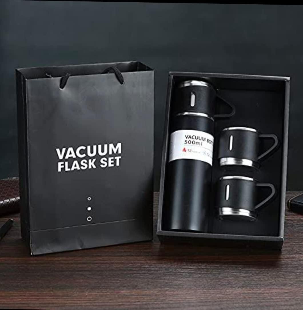 500ML Double Wall Stainless Steel Thermo Vacuum Insulated Bottle Water Flask Gift Set with Two Cups Hot & Cold (Assorted Color)