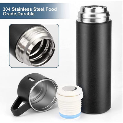 500ML Double Wall Stainless Steel Thermo Vacuum Insulated Bottle Water Flask Gift Set with Two Cups Hot & Cold (Assorted Color)