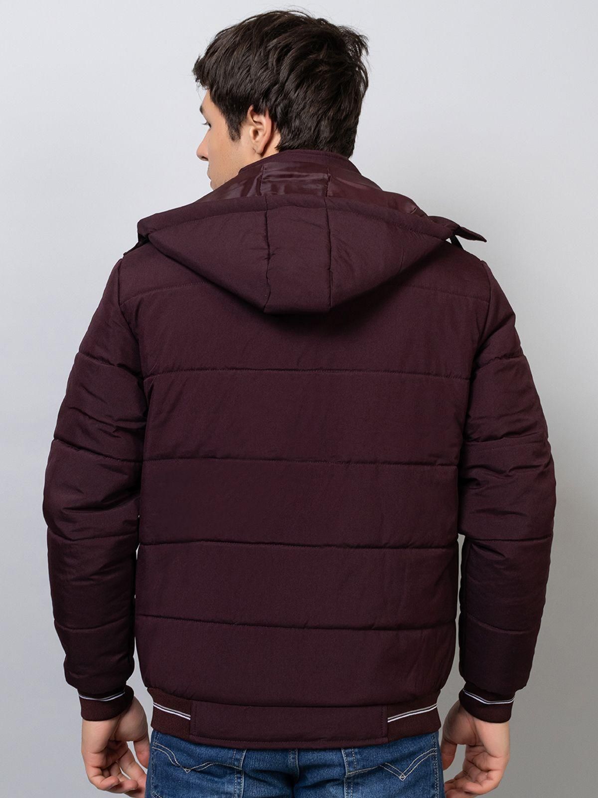 Xohy Men's Full Sleeve Tailored Puffer Wine Hooded Jacket