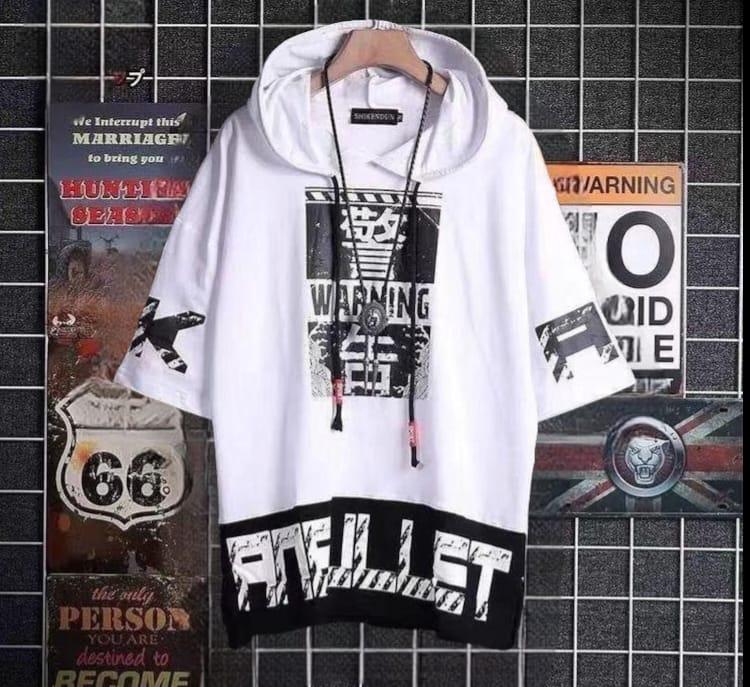 Cotton Printed Pocket Style Hooded Neck Half Sleeves Mens T-Shirt