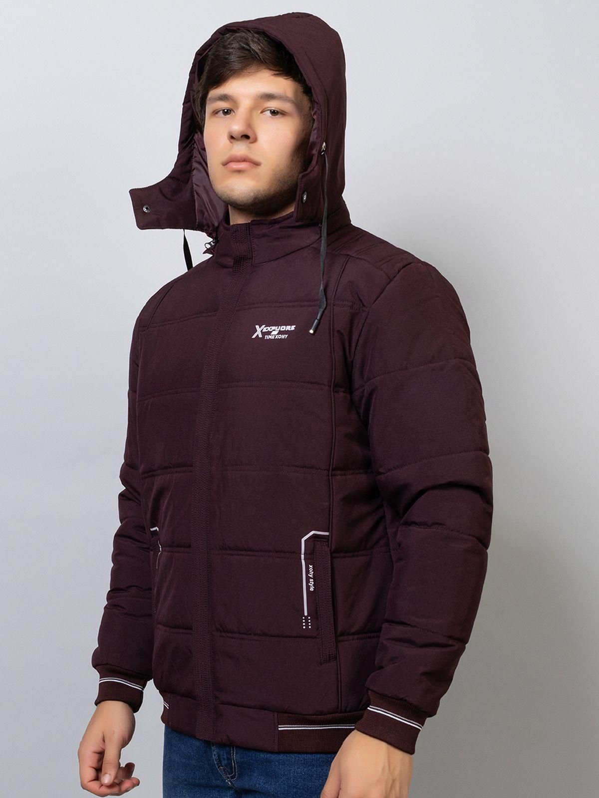Xohy Men's Full Sleeve Tailored Puffer Wine Hooded Jacket